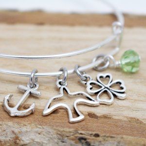 Anchor, Dove & Four Leaf Clover Adjustable Charm Bangle - Handcrafted